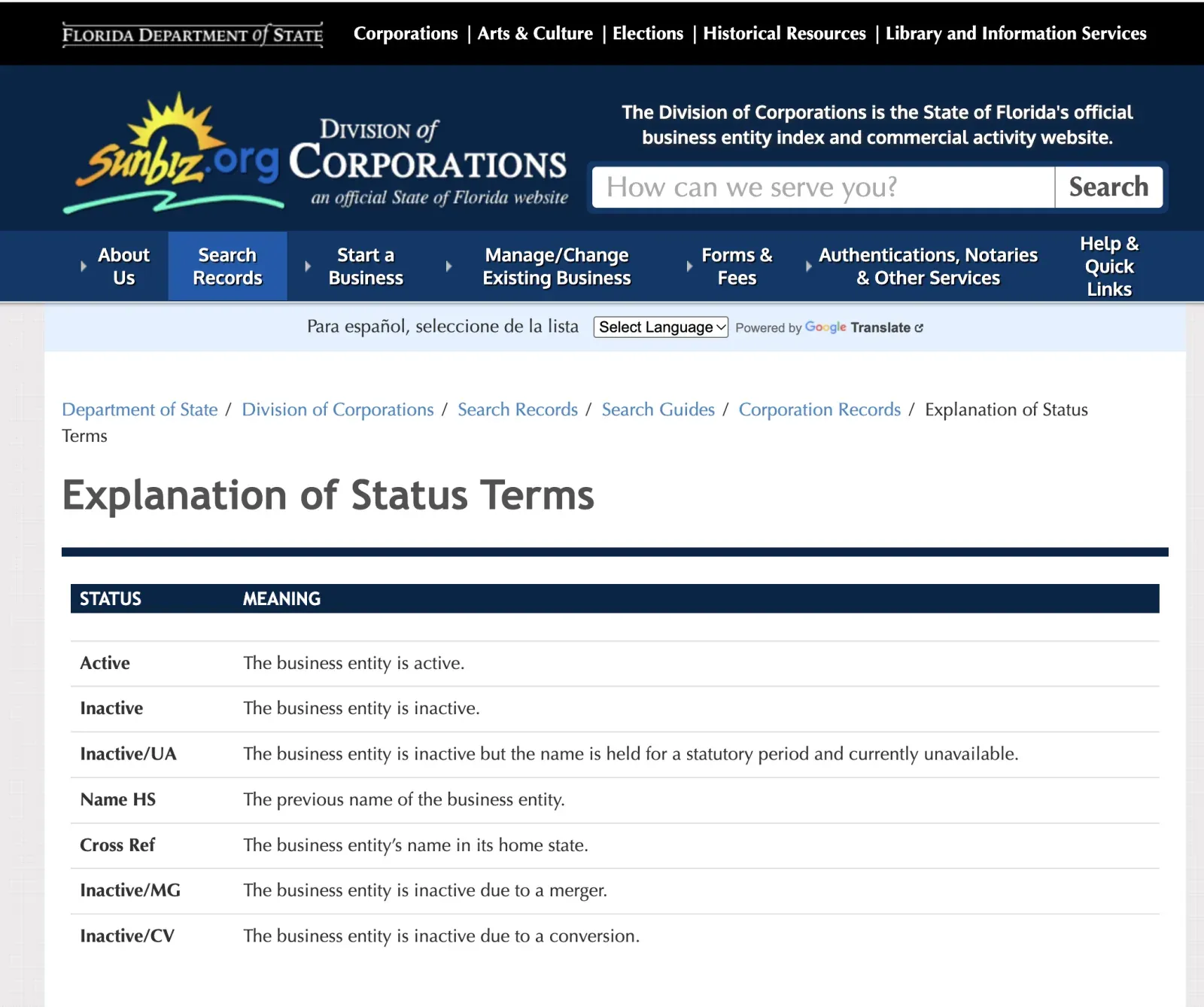 Florida Division of Corporations Explanation of Status Terms page listing Active, Inactive, Inactive/UA, Name HS, Cross Ref, Inactive/MG and Inactive/CV