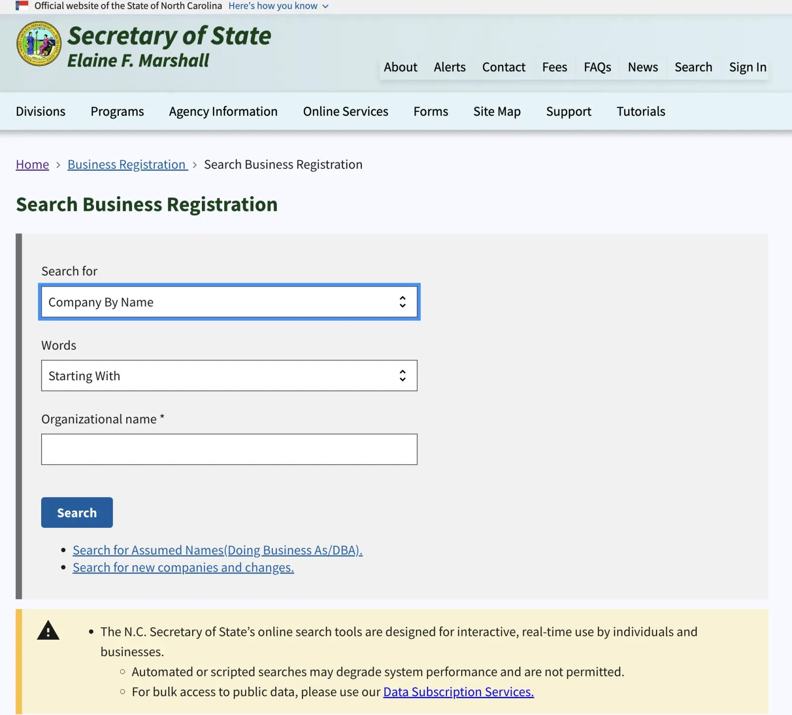 North Carolina Secretary of State Search Business Registration form set to Company By Name and Starting With