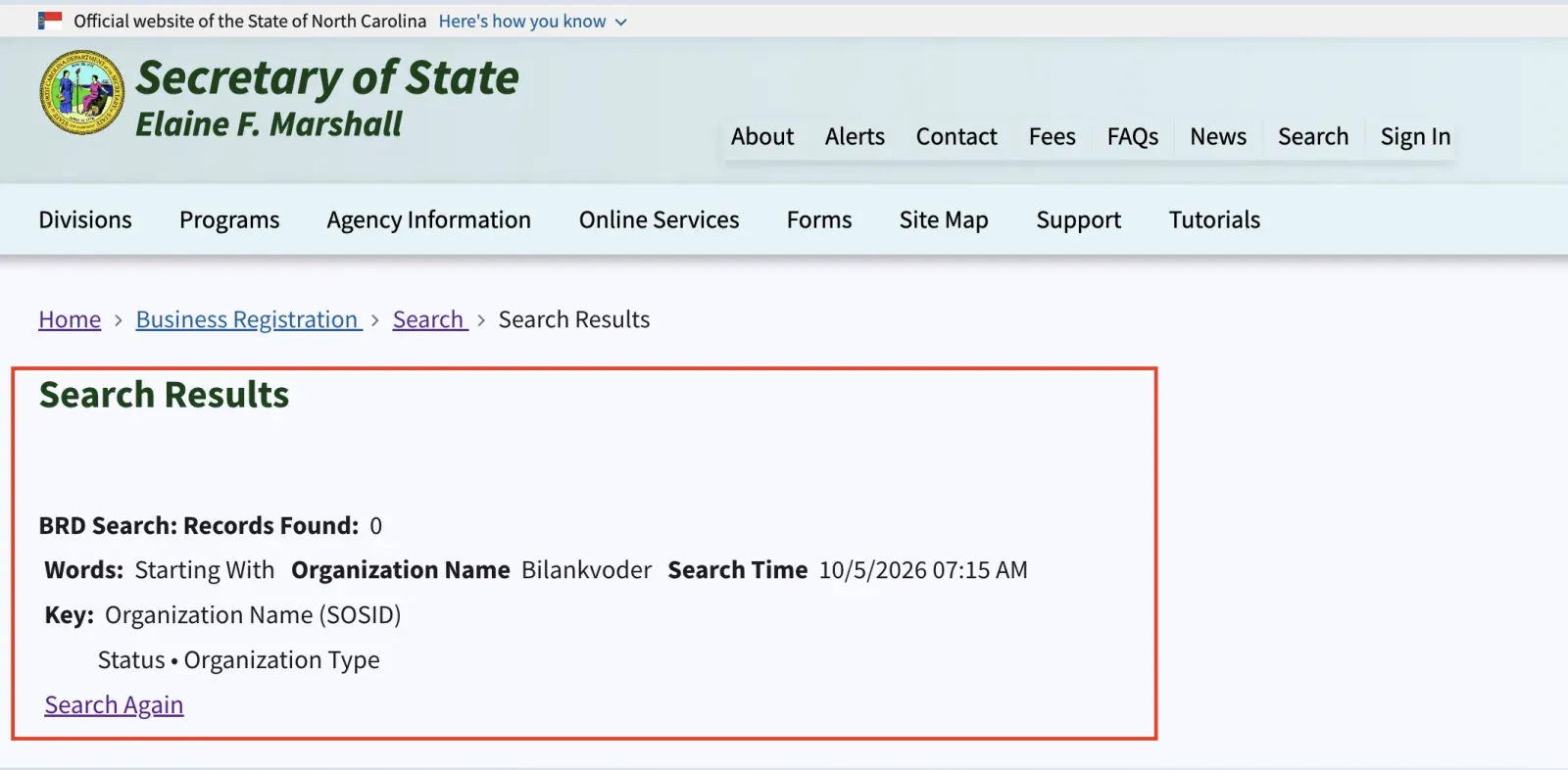 North Carolina Secretary of State Search Results page showing Records Found: 0 for a Starting With search