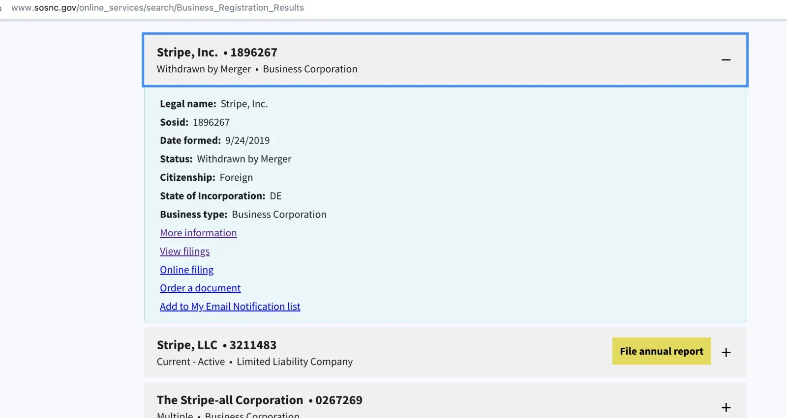 North Carolina business search result for Stripe, Inc. showing Citizenship Foreign and State of Incorporation DE