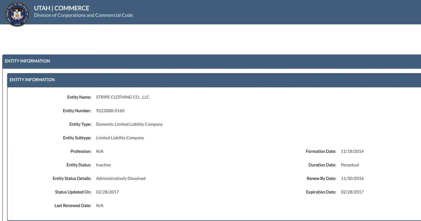 Utah entity information for Stripe Clothing Co., LLC showing entity number, entity type, status Inactive and formation date